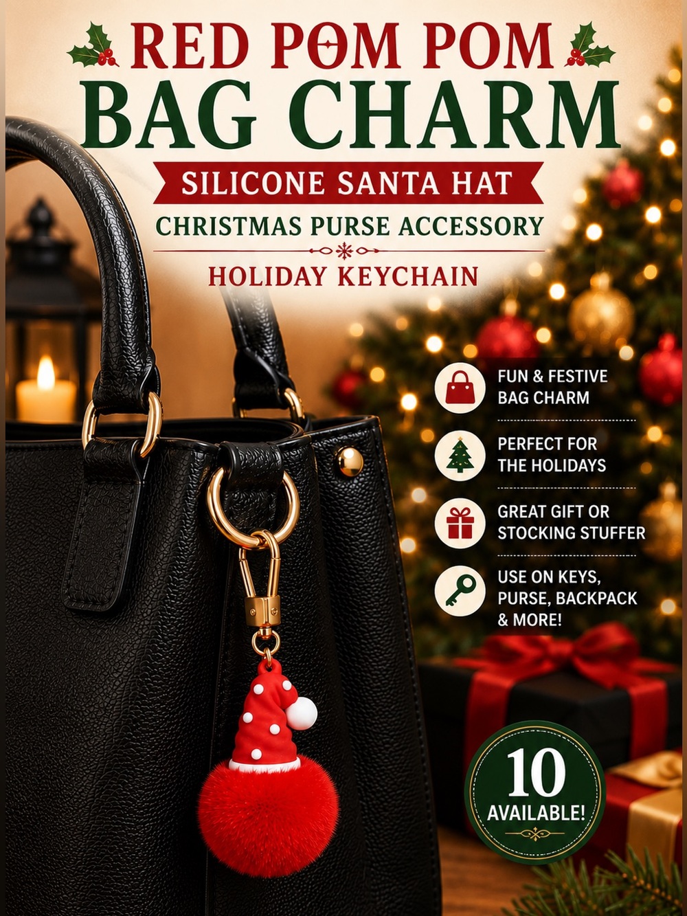 Red Pom Pom Bag Charm Silicone Santa Hat Christmas Purse Charm Keychain